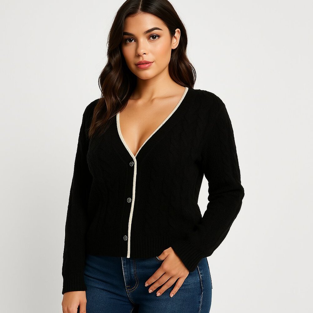 Maple & Cliff (NWT) Women's Black Piped Trim Cardigan Button Front Soft Knit XL